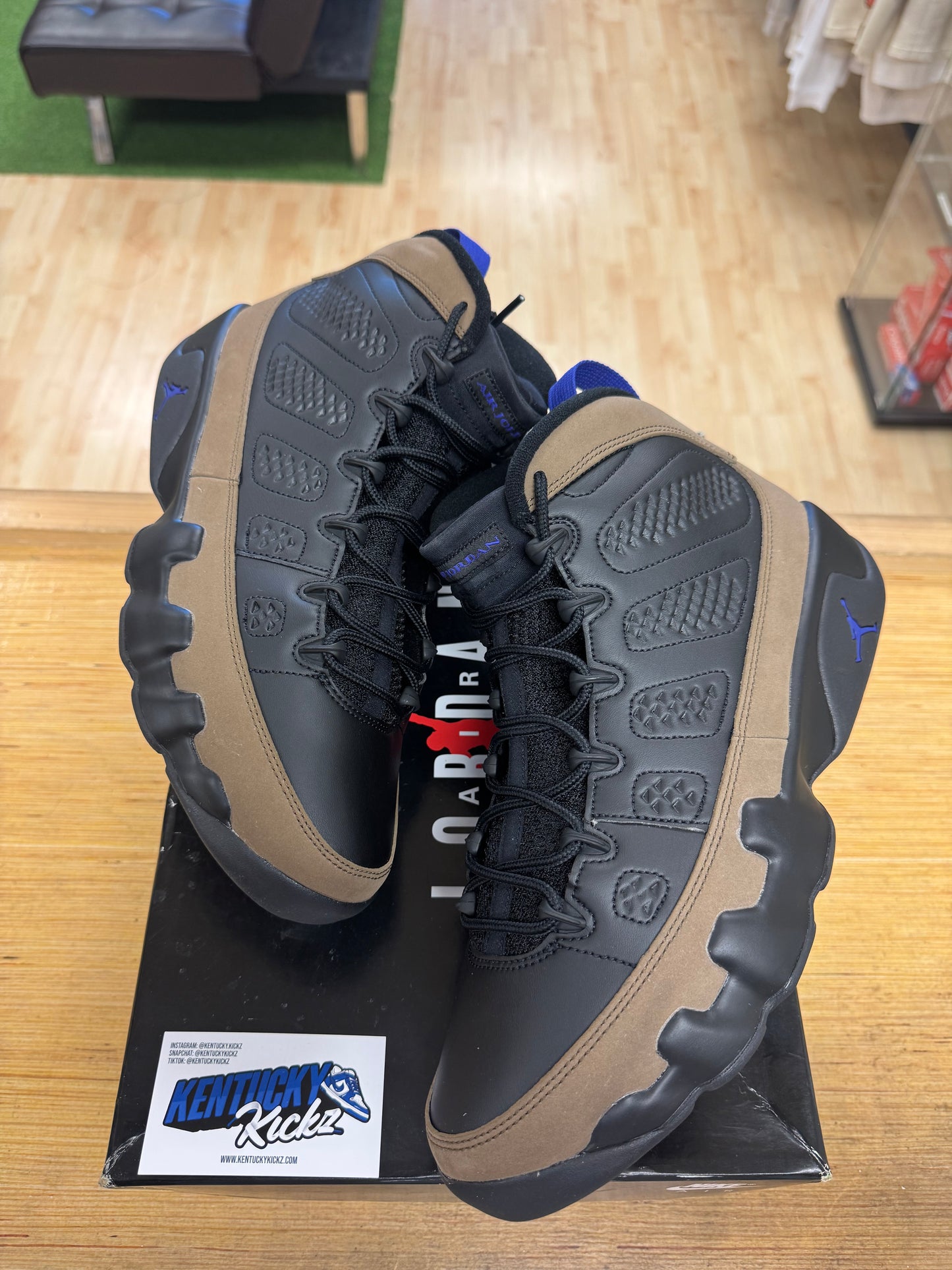 Jordan 9 Retro “Light Olive Concord” (Sz 12)