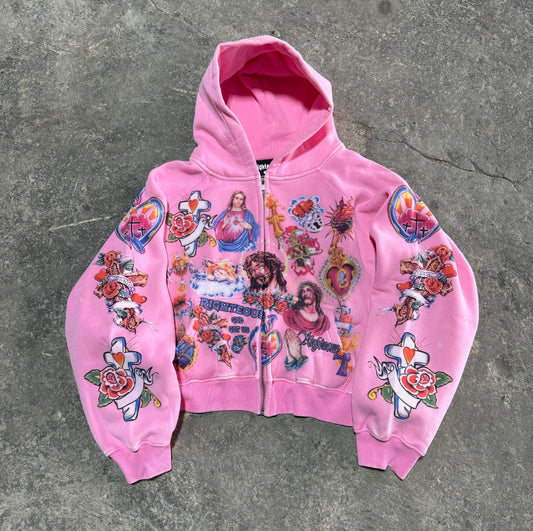 Risen King Cropped Zip Up (Pink)