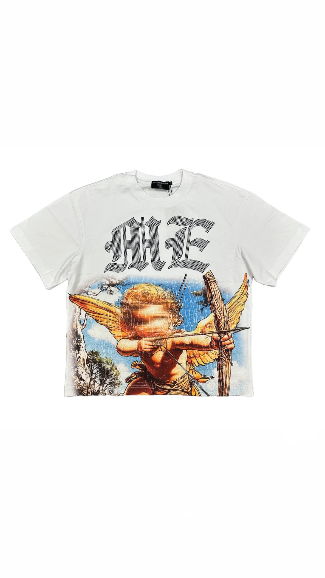 “Mixed Emotion” White Angel Rhinestone Tee